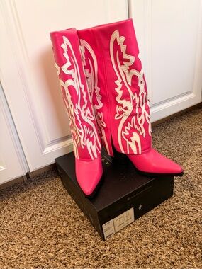 Like new Hot Pink Western Knee-High Boots with White Stitching